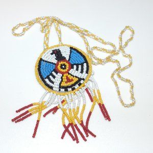 Native American Bead Beaded Necklace medallion Bird Multi-Color